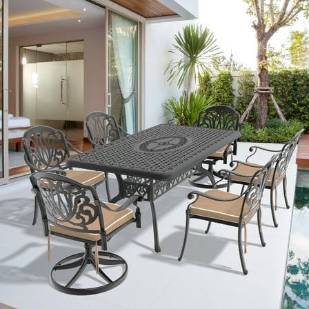 7-Piece All-Weather Cast Aluminum Dining Set: 2 Swivel Chairs, 4 Dining Chairs, Rectangular Table w/ Umbrella Hole. Black, Weather & UV Resistant, Ergonomic Cushioned Seating. Perfect for Patio,