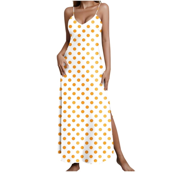 CHUMUD Satin Nightgown Maxi Dress for Women Sleeveless Spaghetti Strap Cami Slit Polka Dots Long Dresses Summer Casual