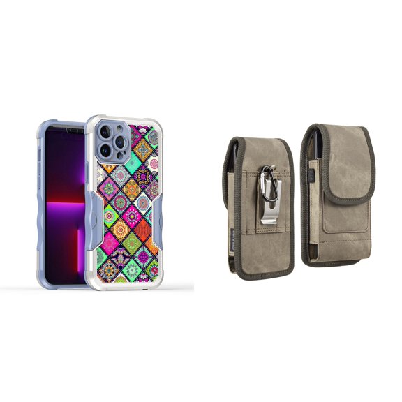 Case and Pouch Bundle for iPhone 14 Plus: Heavy Duty Armor Rugged Case (Mediterranean Tile Pattern) and Vertical Rugged Denim Nylon Belt Holster (Brown)