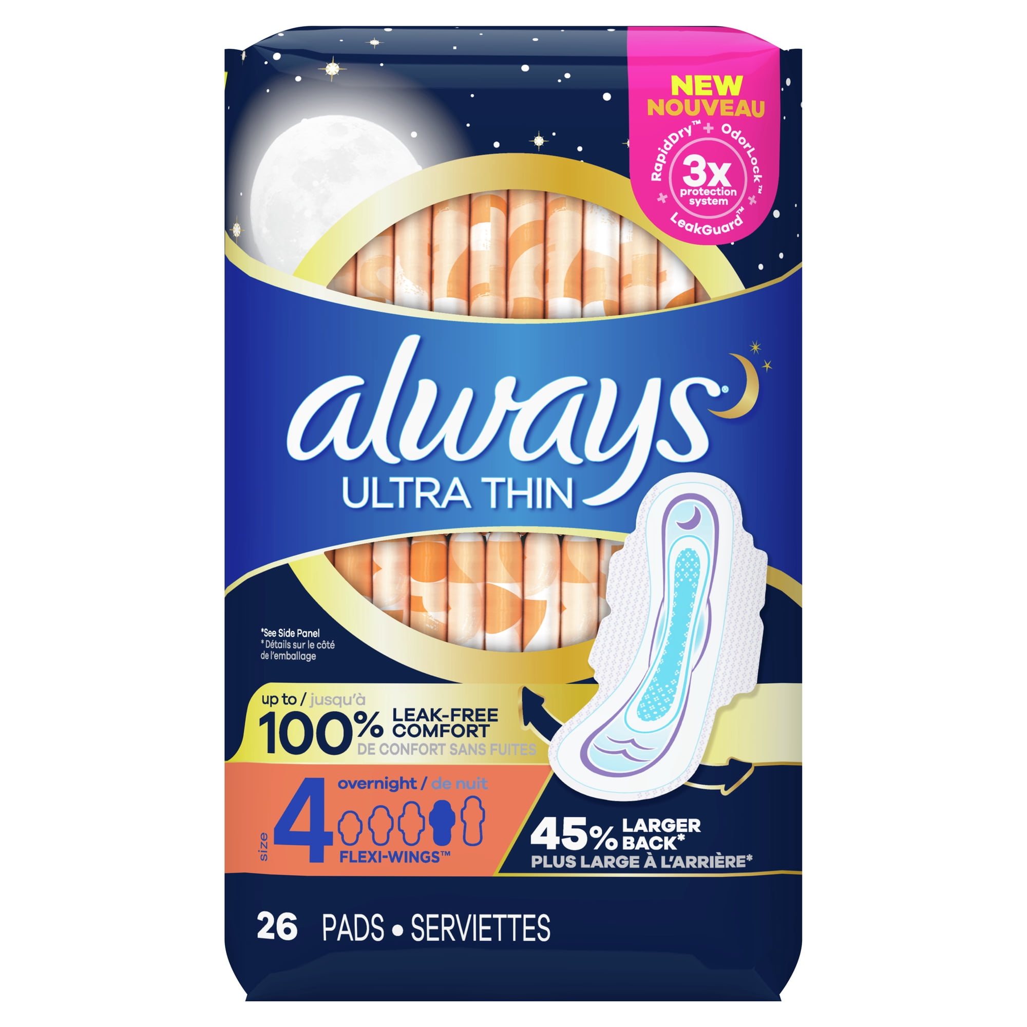 Always Ultra Thin Pads Overnight Absorbency Unscented with Wings, Size 4, 26 Ct