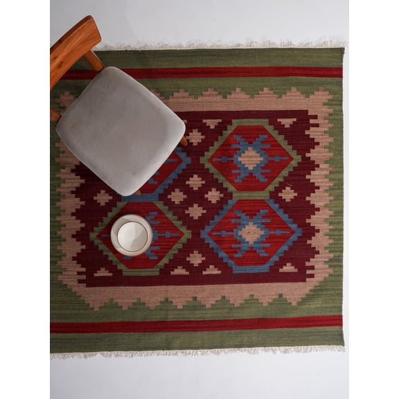 Rugsotic Carpets Hand Woven Flat Weave Kilim Wool Eco-Friendly 8'x8' Area Rugs Square Burgundy Olive Contemporary Modern Design Low Pile Indoor Handmade Rug for Living Room, Bedroom D00121