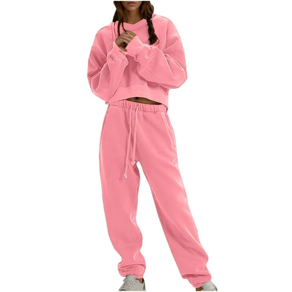 Homenesgenics 2-Piece Lounge Set Women Sports Sweat Set Sweatsuit Fleece 2 Piece Joggers Tracksuit Outfits Crop Sweatshirt Sweatpants Sets Pink XXL