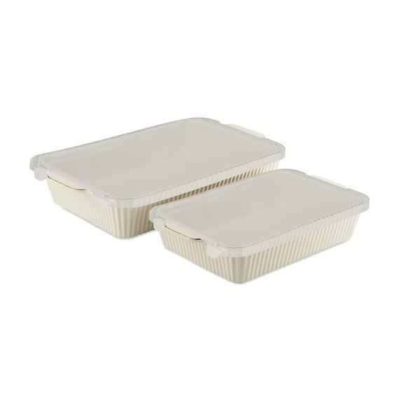 Thyme & Table 4-Piece Stoneware Casserole Dish Bakeware Set, Includes Lids, 9"x13" , 7"x10" Bakers With Lids , White Ribbed