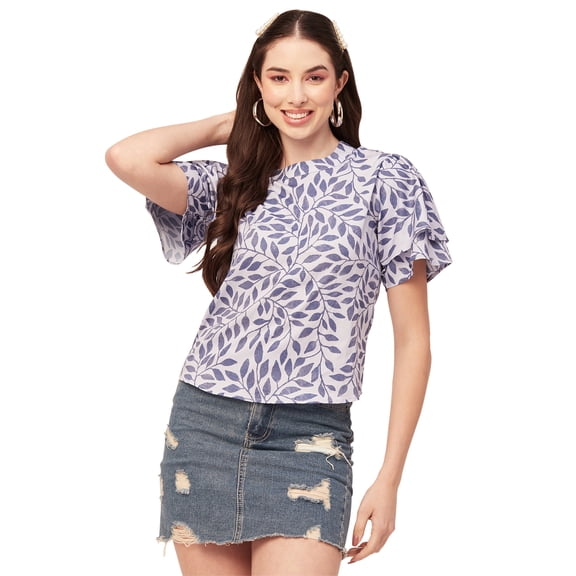 Moomaya Printed Tops For Women Round Neck Flutter Sleeve Poly Crepe Tunic Top