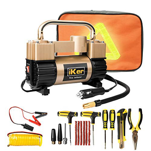 iKer Portable Tire Inflator Air Compressor Pump for Car,12V 70L/Min Heavy Duty Double Cylinders Metal Air Pump 150PSI with LED Work Lights,11.5ft Extension Air Hose and Tire Repair Kit 