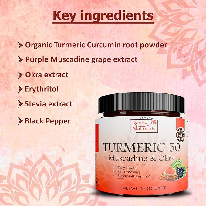 Aryana Reddy Naturals Turmeric 50 Powder – Organic Turmeric Supplement with Curcumin, Muscadine Grape & Okra Extract, Fast-Dissolving Superfood Formula for Daily Wellness & Digestion Support- 4.2 Oz