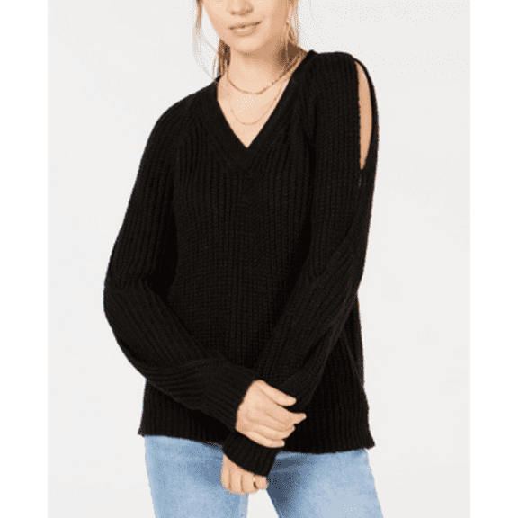 Crave Fame by Almost Famous Juniors' Cut-Out Ribbed V-Neck Sweater - (Black, Small)