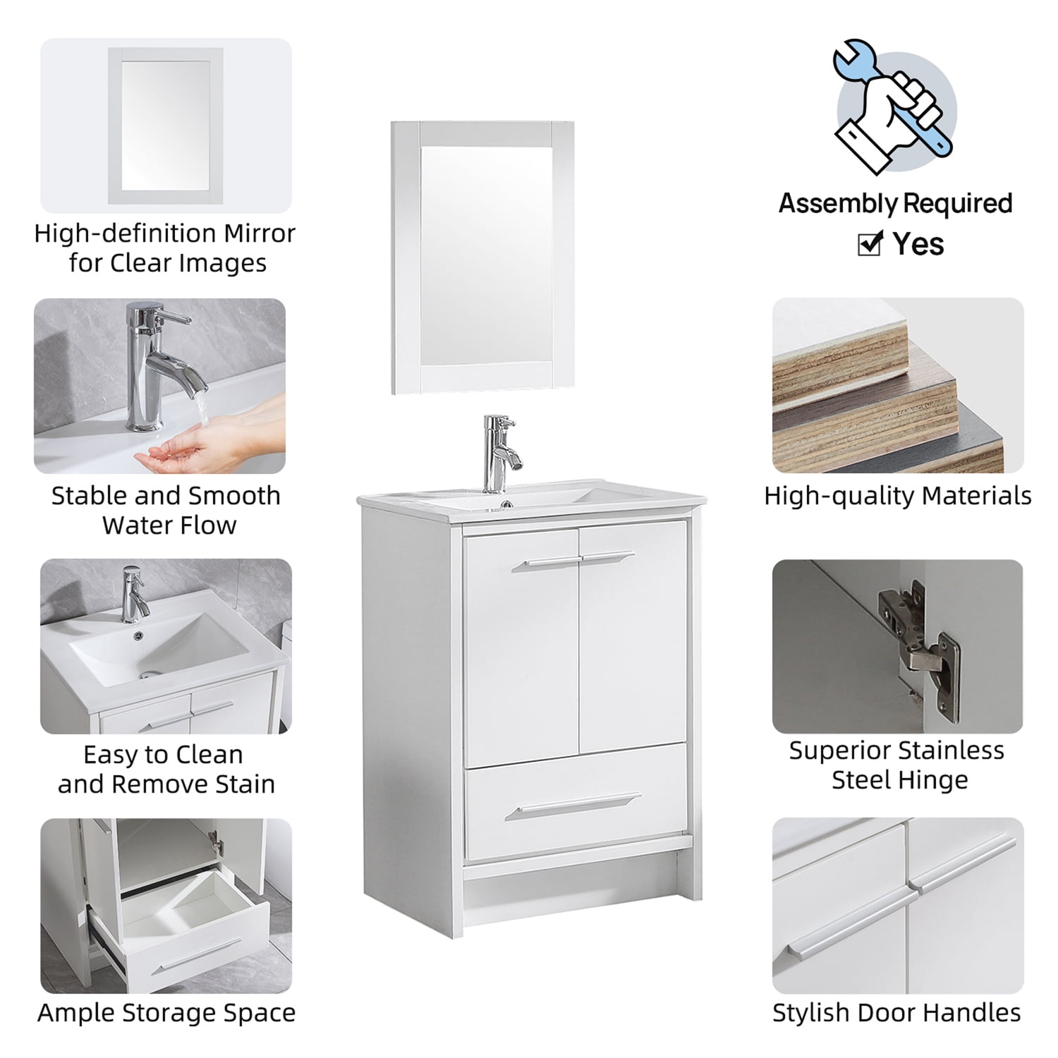 Wonline 24inch White Bathroom Vanity with Sink Stand Floor Cabinet White Ceramic Sink with Mirror Faucet