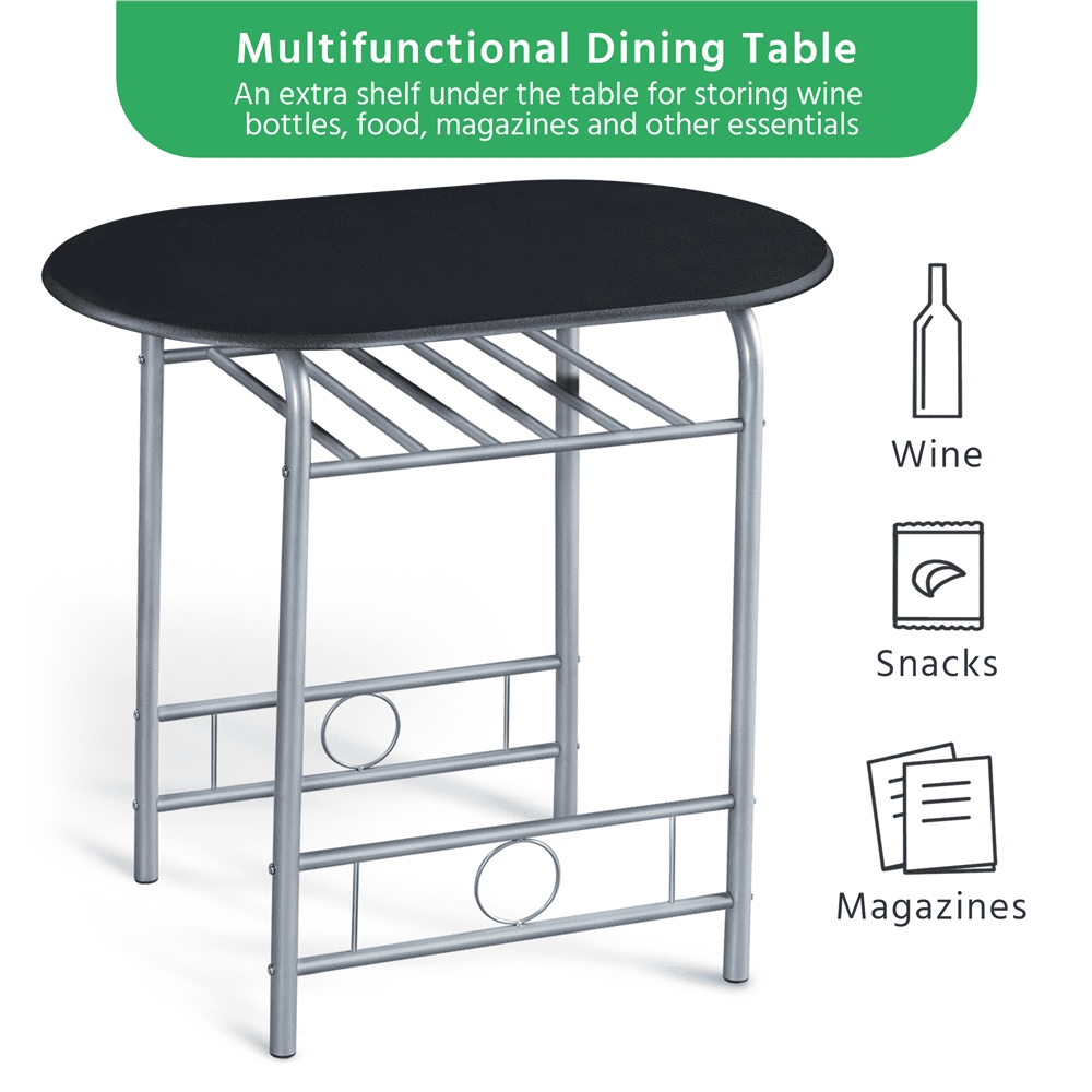 Fullfurnique Modern 3-piece Round Dining Table and 2 Chairs Set with Steel Legs, Black