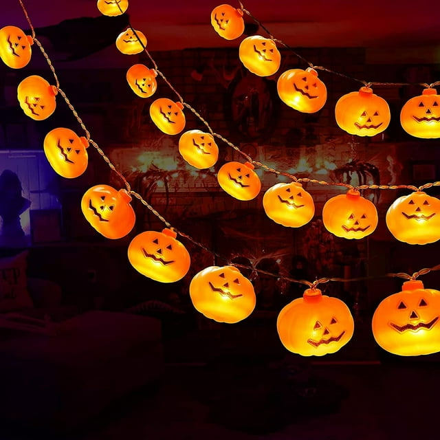 Guirnalda de luces de Halloween, luces LED de calabaza, luces navideñas para decoración al aire libre, luces fijas/parpadeantes (30 luces de calabaza, 4,5 m)
