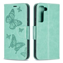 Wallet Case for Samsung Galaxy S22 5G 2022 Released, Allytech Embossed Butterfly PU Leather Scratch Free Credit Card Slots Holder Magnetic Closure Case with Hand Strap for Galaxy S22 6.1", Green