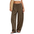 thumbnail image 2 of Women's Striped Cotton Linen Wide Leg Pants, Elastic Drawstring Waist Straight Long Trousers with Pockets, Casual Summer Loose Pants for Daily Vacation Wear 02-Brown XL, 2 of 5