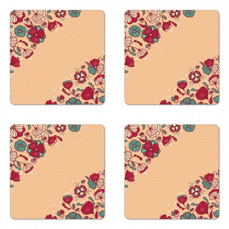 

Floral Coaster Set of 4 Nature Beauty Flowers on Nostalgic Polka Dots Background Illustration Square Hardboard Gloss Coasters Standard Size Teal Ruby Salmon by Ambesonne