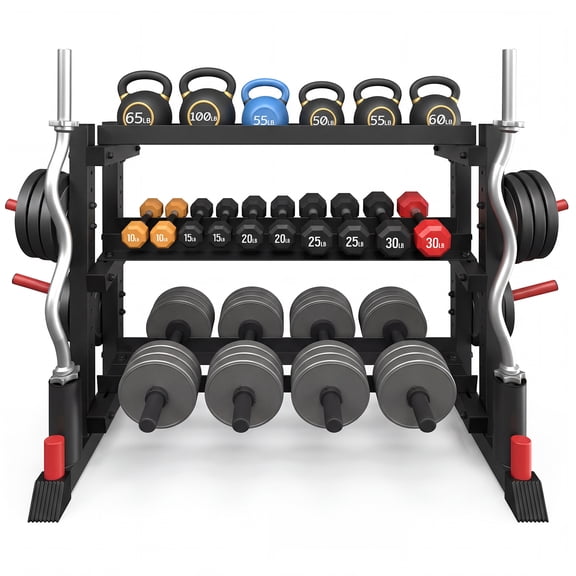 Heavy-Duty 3-Tier Dumbbell Rack for Home Gym – 1300LB Capacity H-Frame Weight Stand – Multi-Purpose Storage for Dumbbells, Kettlebells, Barbells & Plates – Commercial Grade – 3 Layers Black-Red Color