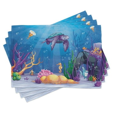 Ambesonne Cartoon Place Mats Set of 4, Underwater World, Standard Size, Purple Orange Aqua