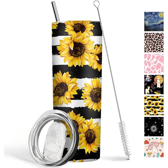 Sunflower Tumbler 20 oz Travel Coffee Mug Sunflower Print Skinny Tumblers with Lid and Straw Stainless Steel Insulated Coffee Cups Gift for Sunflower Lover