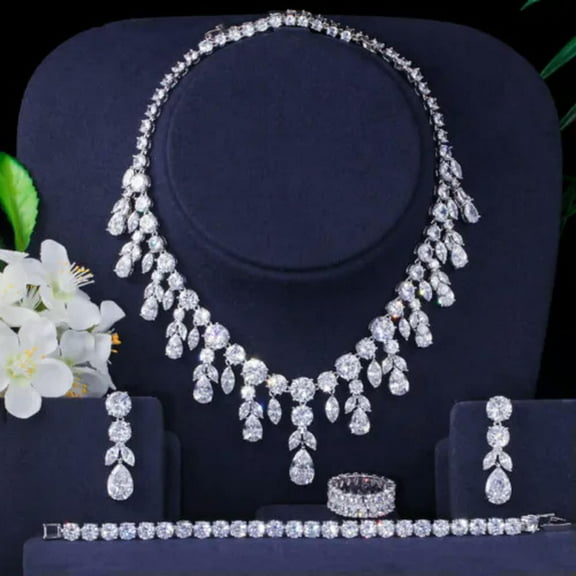 Dangle Drop CZ Necklace Earrings Bracelet Rings Bridal Jewelry Sets