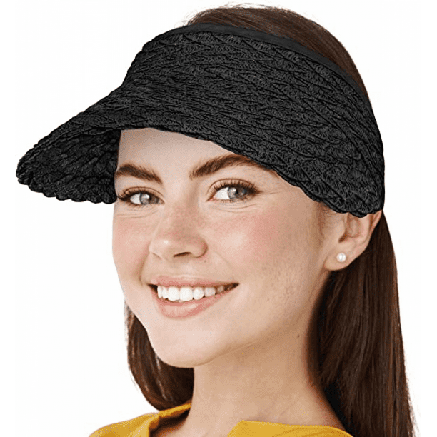 Women's Wide Brim Sun Hats Roll-Up Foldable Straw Golf Visor Hat