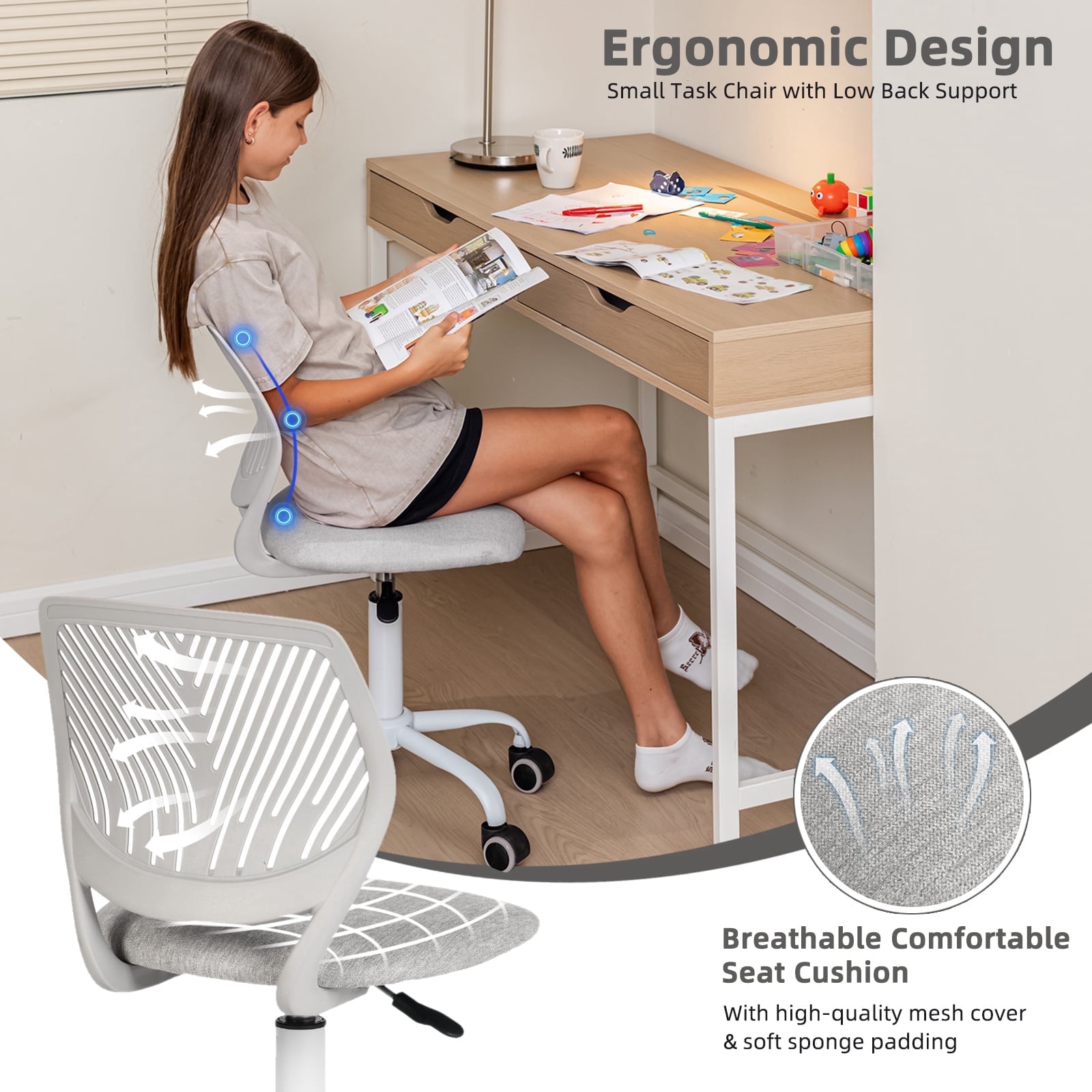 Homy Casa Teen Desk Chair, Adjustable Swivel Mesh Back Vanity Chair for Bedroom Study, Gray