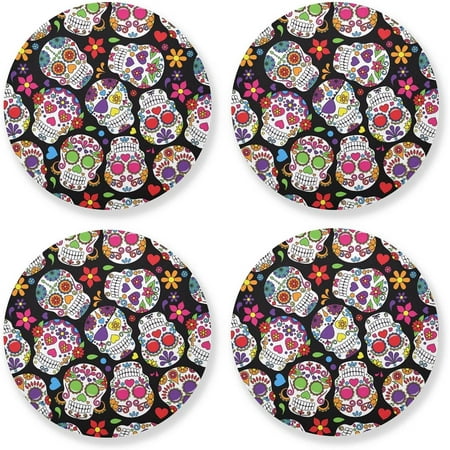 

Hyjoy 4 Pack Sugar Skull Round Coaster Heat Resistant Absorbent Drink Coaster for Kitchen Bar Cafe Decor