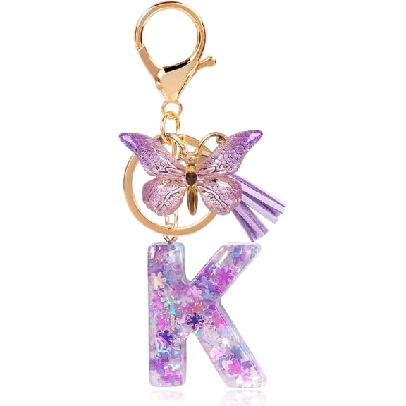 Initial Keychains for Women Girls with Tassel Butterfly, Cute Letter Keychain Charm for Keys Purse Handbags, Purple