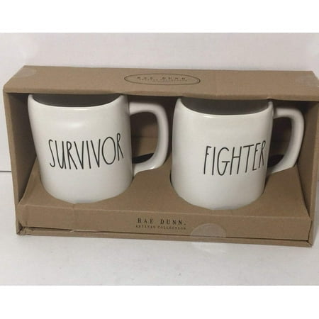 Rae Dunn Artisan Collection Set Survivor & Fighter Mug Set (Black Text)