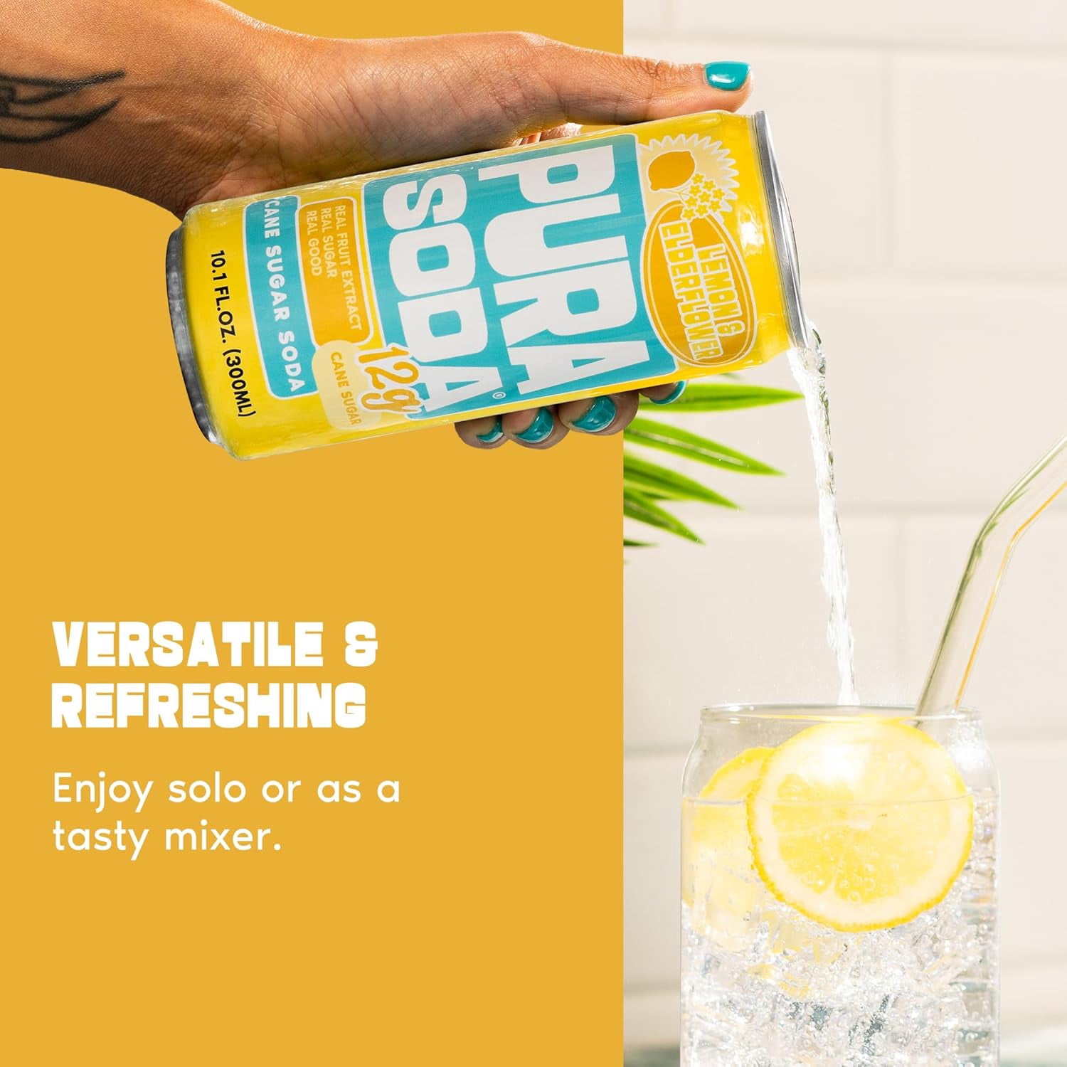 PuraSoda® Lemon & Elderflower | Low-Calorie, Cane Sugar Soda Beverage | Non-GMO, Vegan | Made with Pure Cane Sugar, No Preservatives | 10.1 fl oz (300ml) Cans, 24-Pack