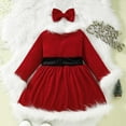 thumbnail image 4 of SuTry Girls Christmas Party Dress Long Sleeve Round Neck Solid Color with Bow Belt and Hairband Set Fall Winter Plush Funny Christmas Clothing for Kids 1-6 Years(Red#2,18 Months), 4 of 9