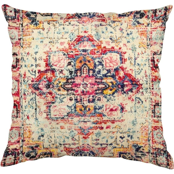 Throw Pillow Cover 18"x18" Boho, Vintage Persian Pillow Cover Ethnic Decorative Pillow Cases Home Outdoor Square Pink Pillowcase for Bed Sofa Couch