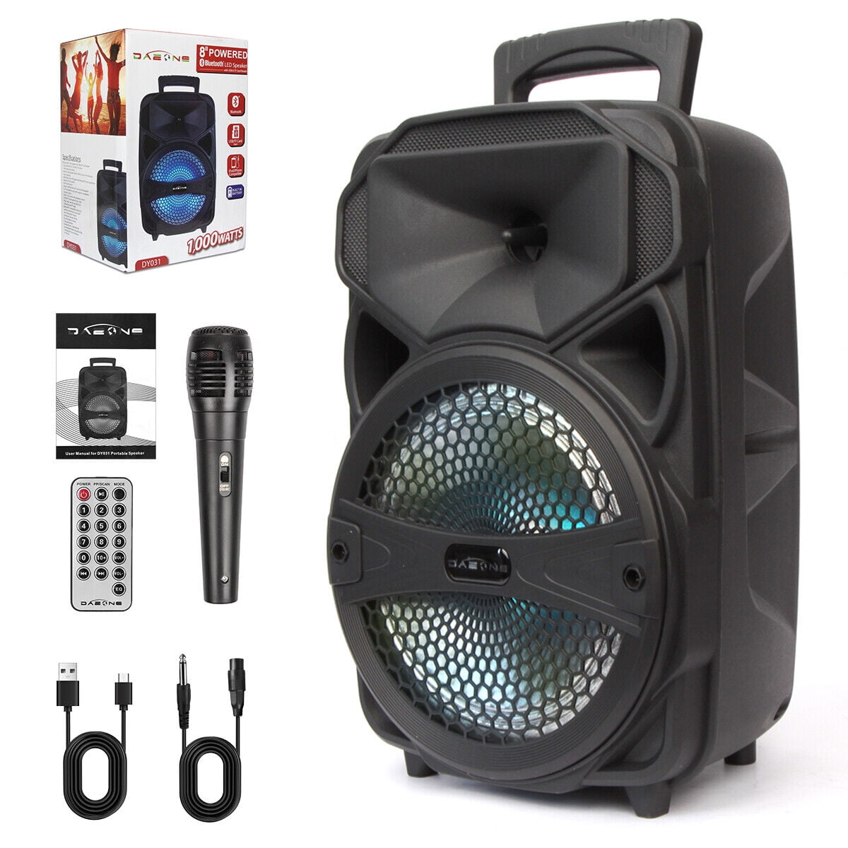 Lohoms Portable Wireless Speaker With Microphone, USB Rechargeable 1,000W FM Bluetooth Speaker 8" Subwoofer Heavy Bass Stereo Party PA System AUX, Remote, Charging Cable, LED Light