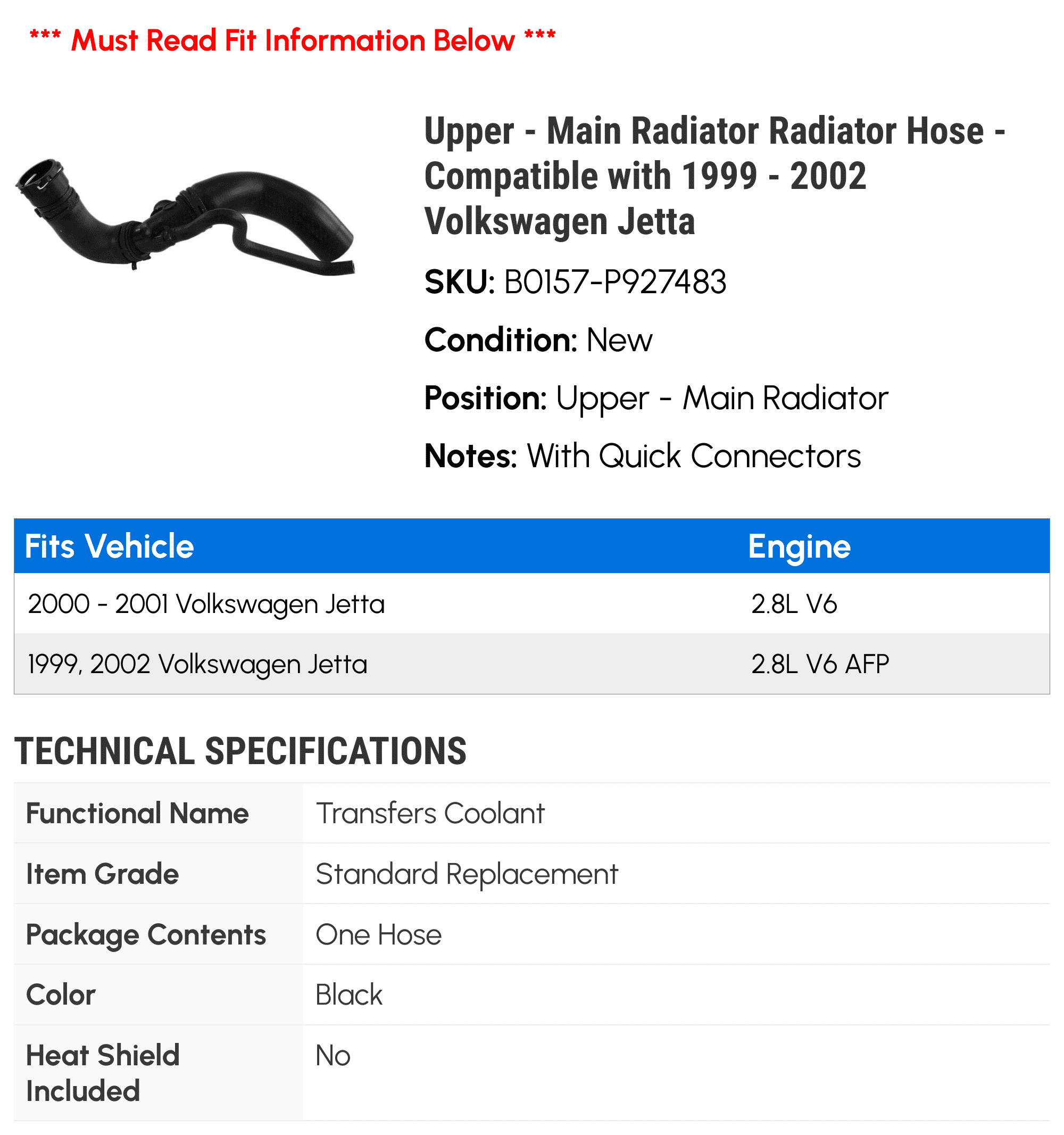 Upper - Main Radiator Radiator Hose - Compatible with 1999 - 2002 Volkswagen Jetta 2000 2001