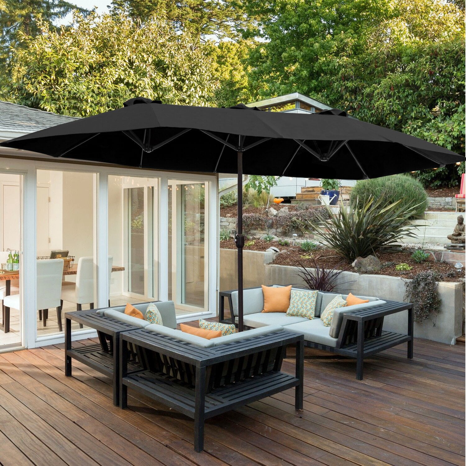 Lacoo 15 Ft Black Patio Double Sided Outdoor Twin Table Umbrella Rectangular Large Market Umbrella with Crank for Patio Shade Outside Deck or Pool