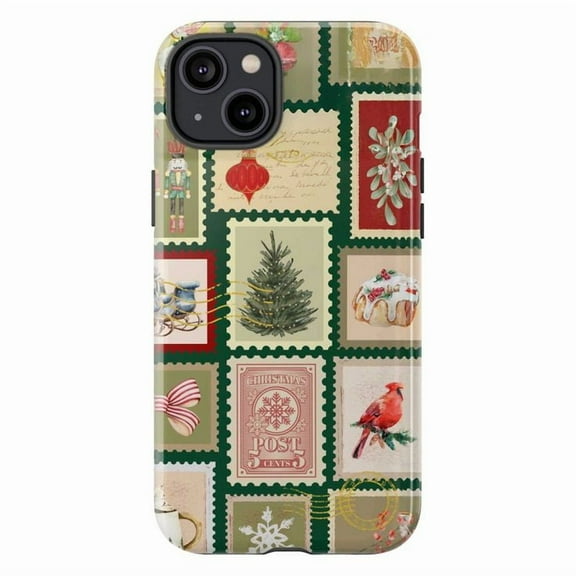 Vintage Christmas Stamp Collage Phone Case, Holiday Postage Pattern Cover for iPhone 17 16 15 14 13 12 11 Pro Plus Mini