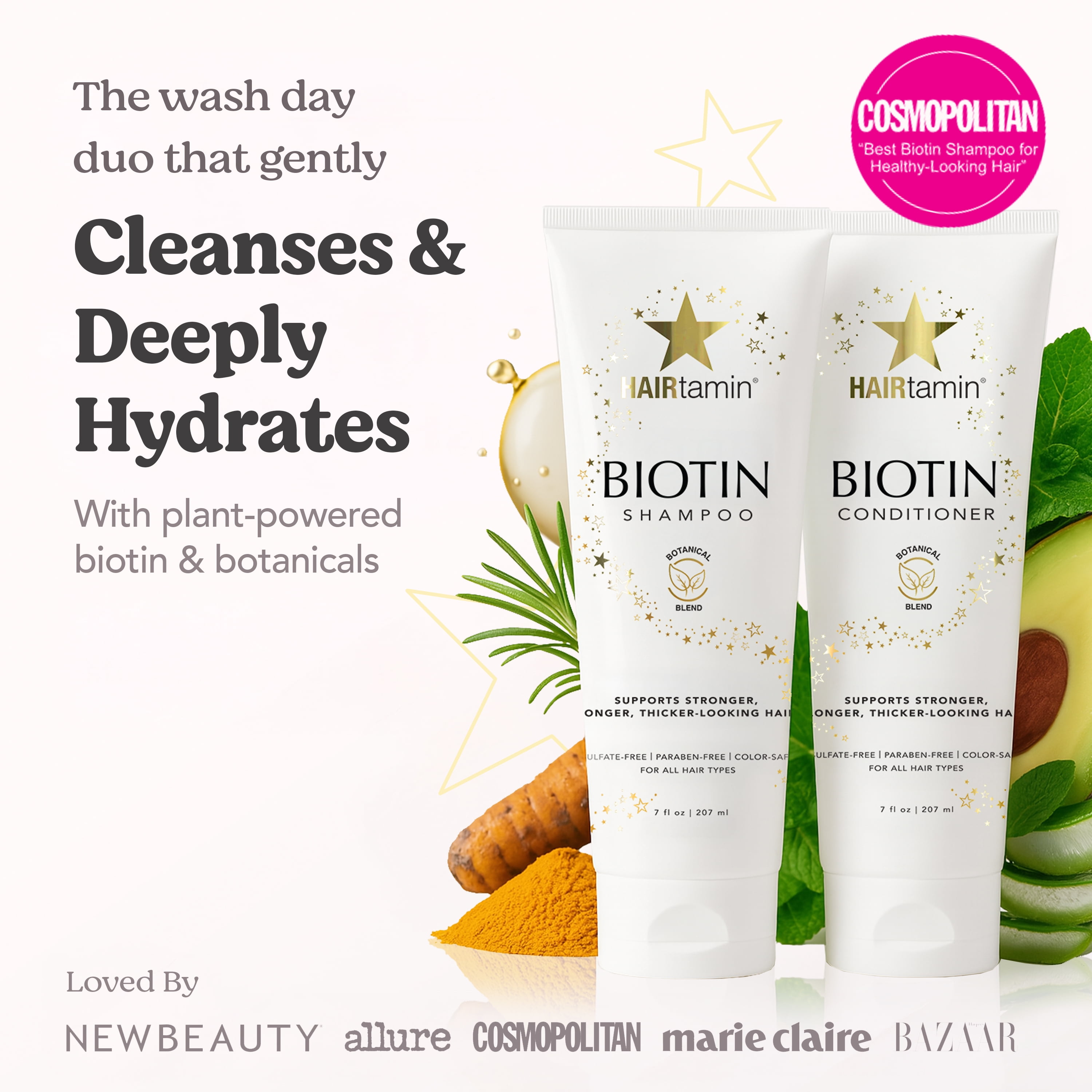 HAIRtamin® Biotin & Botanicals Shampoo & Conditioner Set | Nourishing Duo for Stronger, Thicker-Looking Hair | 7 fl oz
