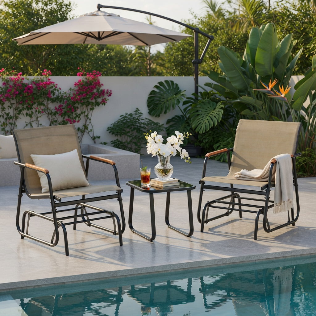 Hommoo 3-Piece Outdoor Glider Bistro Set, Metal Frame with Tempered Glass Table, Teak Wood Armrests, Breathable Fabric Seating for Patio, Porch, Balcony, Brown