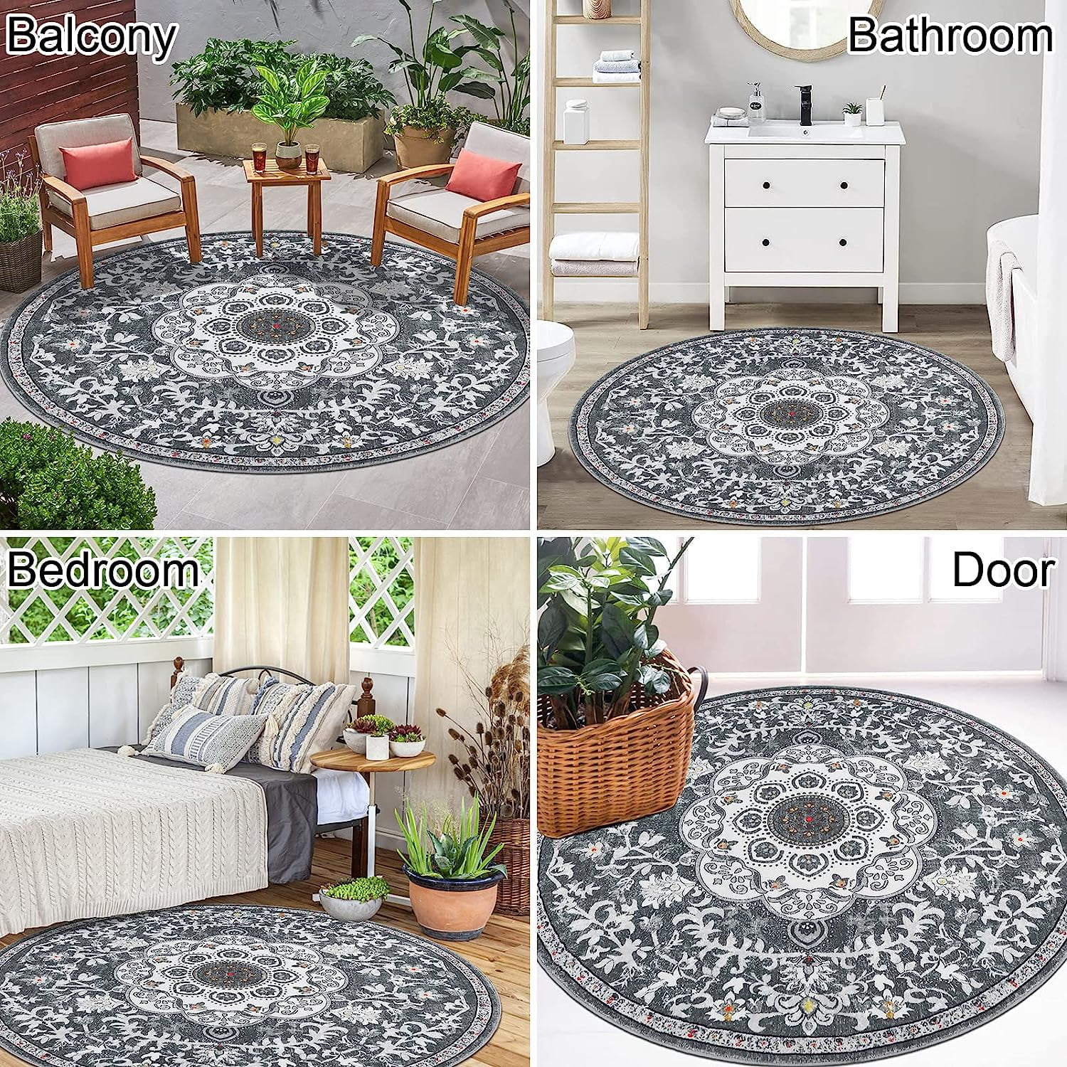Findosom 5.25'Round Area Rug,Non Slip Washable Round Rug Boho Area Rug for Living Room,Bedroom,Home Decor,Office,Dining Room,Gray