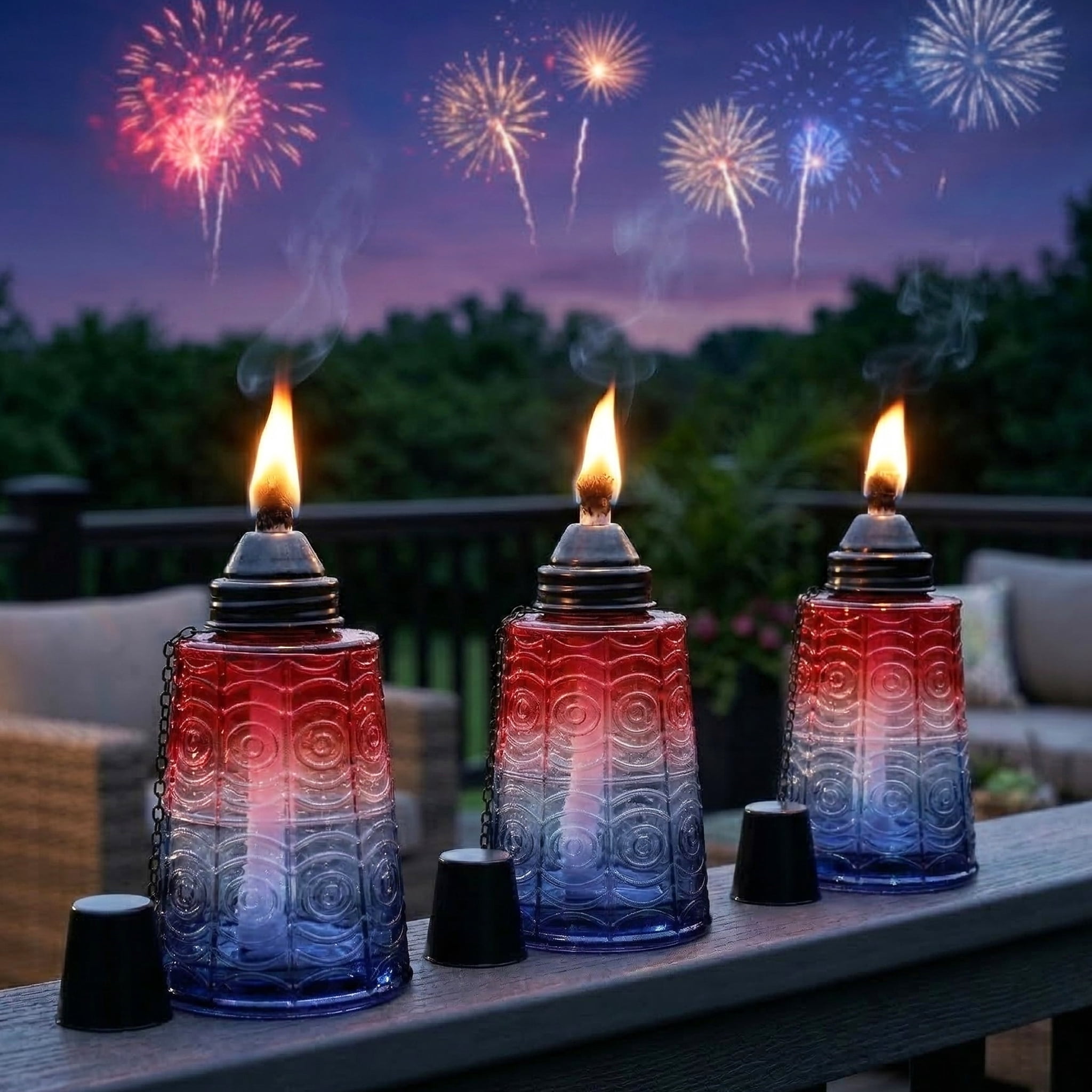 Seraphic Table Top Citronella Torches for Outdoor Patio, 16oz Decorative Glass Torch Citronella Oil Candles for Outside Deck, Garden, Parties, Set of 3, Red/White/Blue