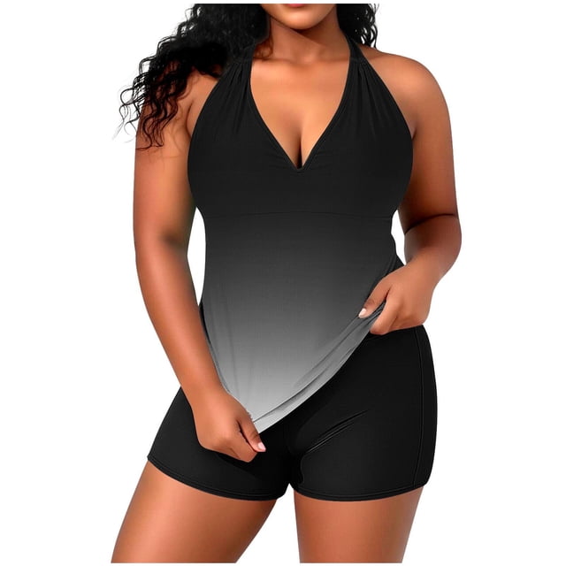 Swim Top for Women Plus Size with Built-In Bralette, Adjustable Strappy Halter and Casual Split Back Design in Solid Colors