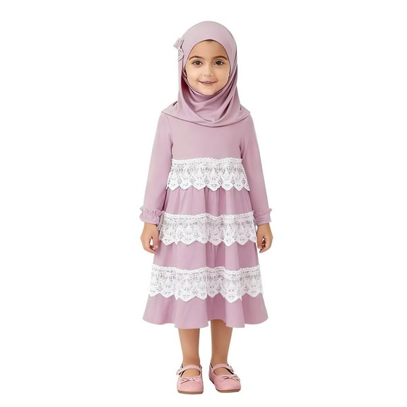Two Piece Outfits,Elegant Girl Abaya Prayer Dress With Hijab Maxi Robe For Toddler Kids,Toddler Girl Outfits,Pink,4-5 Years
