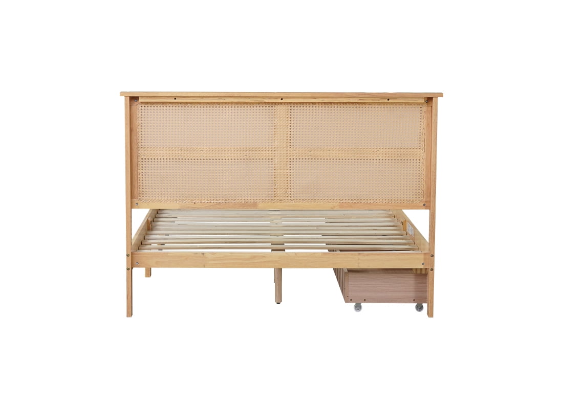 Full Size Rubberwood Bed Frame with Rattan Headboard and Reinforced Support Feet, Wooden Platform Bed Frame with Slat Support, 2 Storage Drawers, No Box Spring Required, White Oak