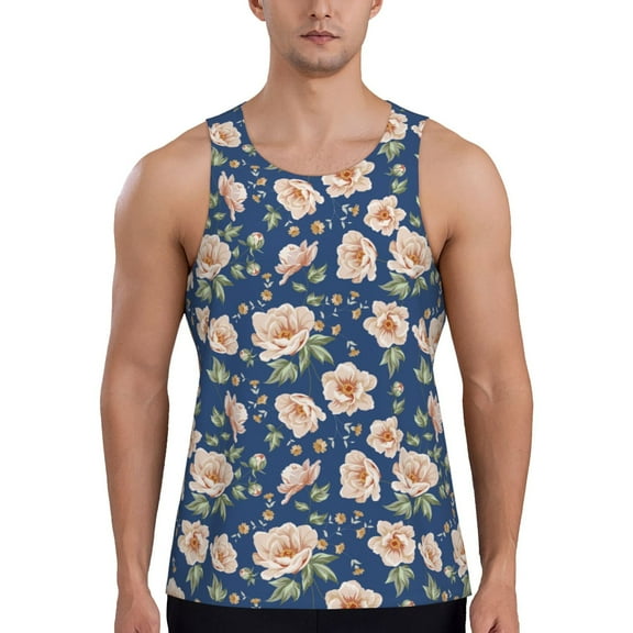 Fuzoiu Flower Print Men's Workout Tank Tops,Sleeveless Gym Shirt Quick Dry,Fitness Bodybuilding T-Shirt,Muscle Athletic Workout Tee-Small