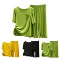 thumbnail image 4 of Lovskoo Plus Size Pajamas for Women Loungewear Summer Casual 2PCS Suit Pajamas Ribs Without Marks Flounce Short Sleeved Round Neck Top/Shirt Set Oversized Home Clothing Sleepwear Olive Green, 4 of 4