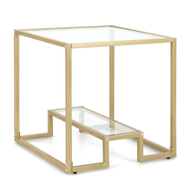 Costway 22" 2-Tier Sofa Side Table Square Metal Frame for Living Room Bedroom Bronze