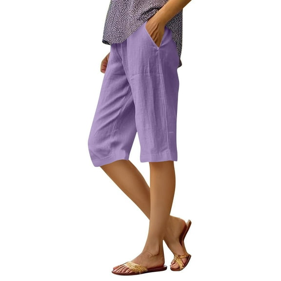 Npasoilc Summer Straight Leg Pants for Women Solid Elastic Waist Pocket Half Shorts Pants Casual Stretchy Stylish Yoga Shorts