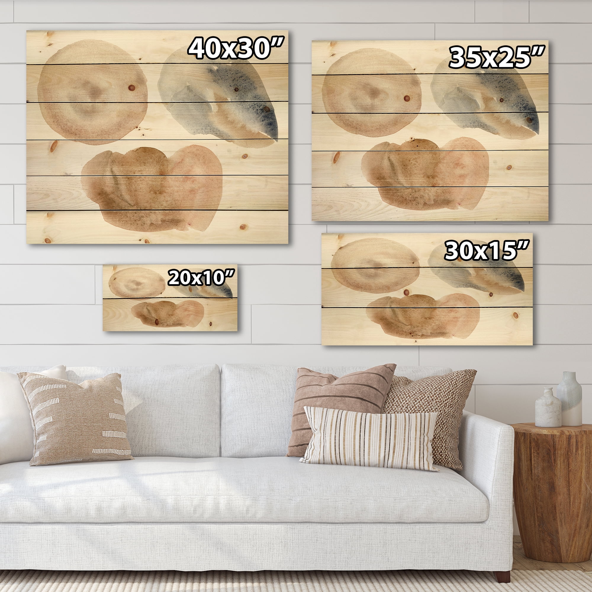 Designart 'Holiday Set With Abstract Beige and Blue Circle Spot' Modern Print on Natural Pine Wood