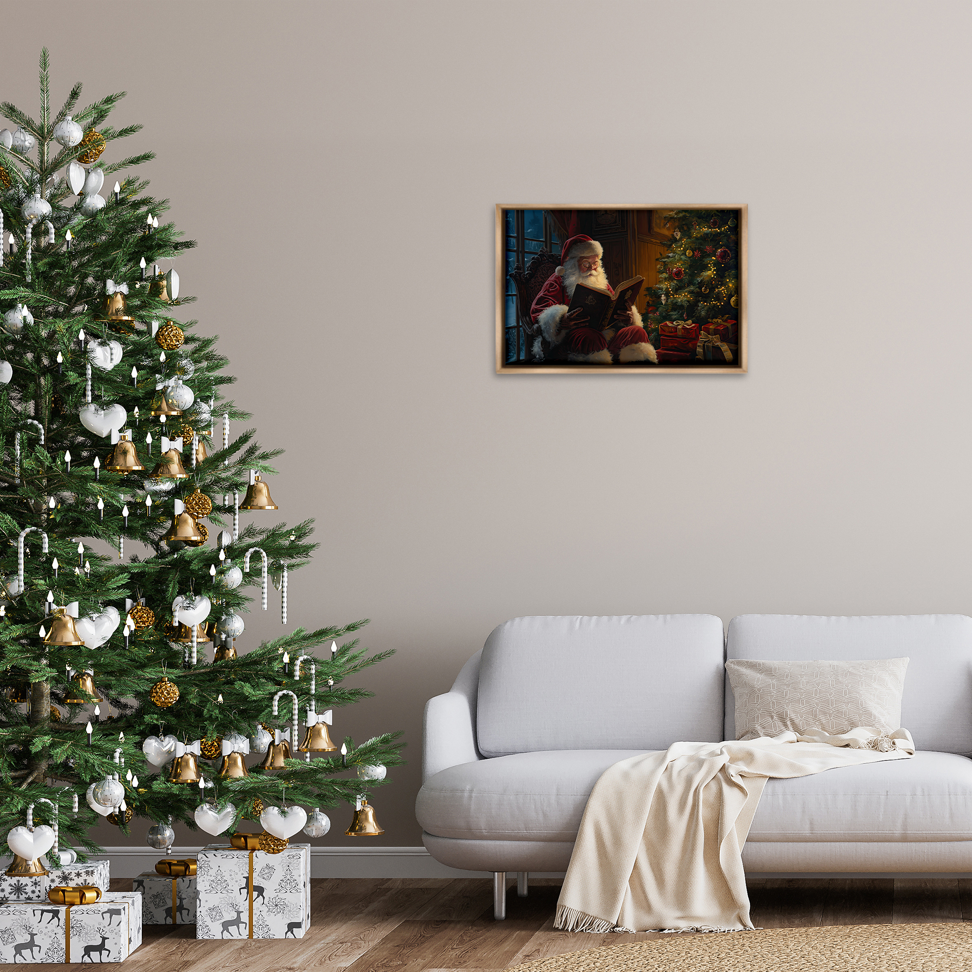 Stupell Industries Santa Reading by Tree Holiday Painting Brown Floater Framed Canvas Art Prints Wall Art, 25 x 17