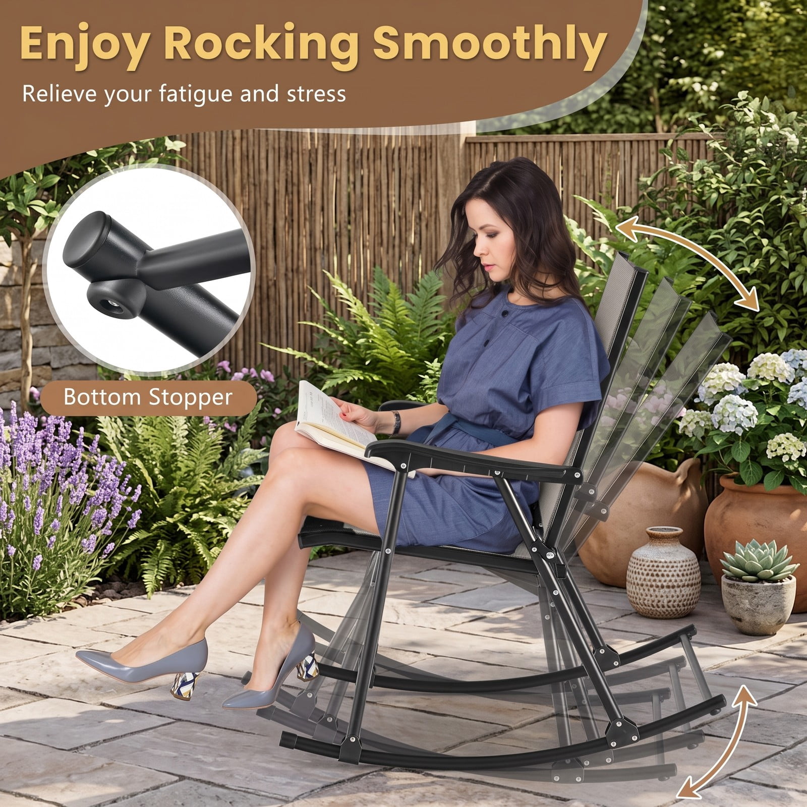 Furnibear Folding Rocking Chairs Set of 2 with Breathable Sling Seat and Heavy-Duty Metal Frame for Patio, Porch and Poolside, Brown