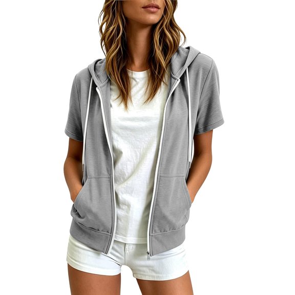 ZHOGXU Casual Sporty Womens Zip Up Hoodie Sweatshirt Solid Color Short Sleeve Tops Relaxed Fit Drawstring Hood Ribbed With Pocket Comfortable Everyday Wear