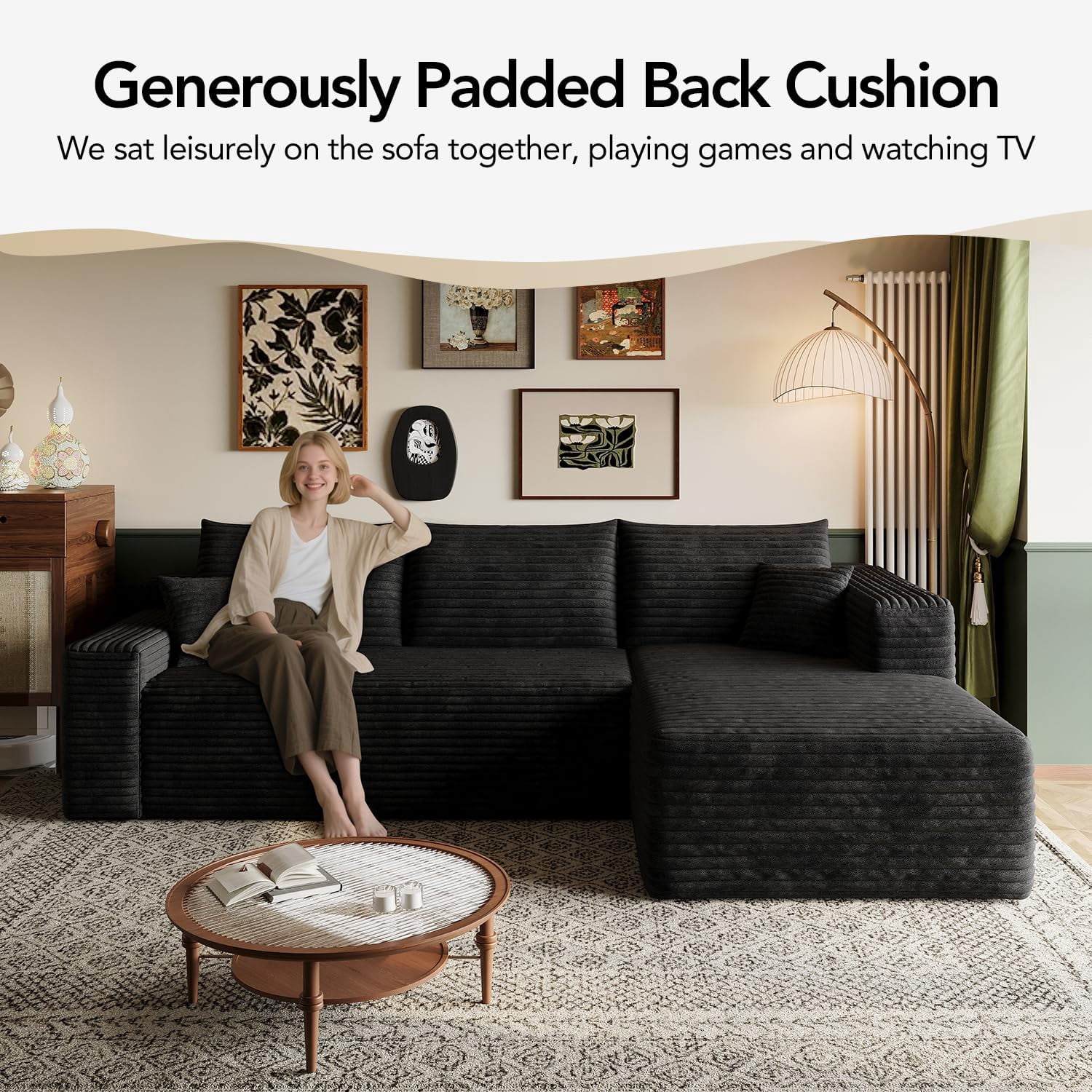 103" Cloud Sectional Sofa, Modern L Shaped Deep Seat Couch, Plush Corduroy Upholstered Sofa No Assembly, Living Room