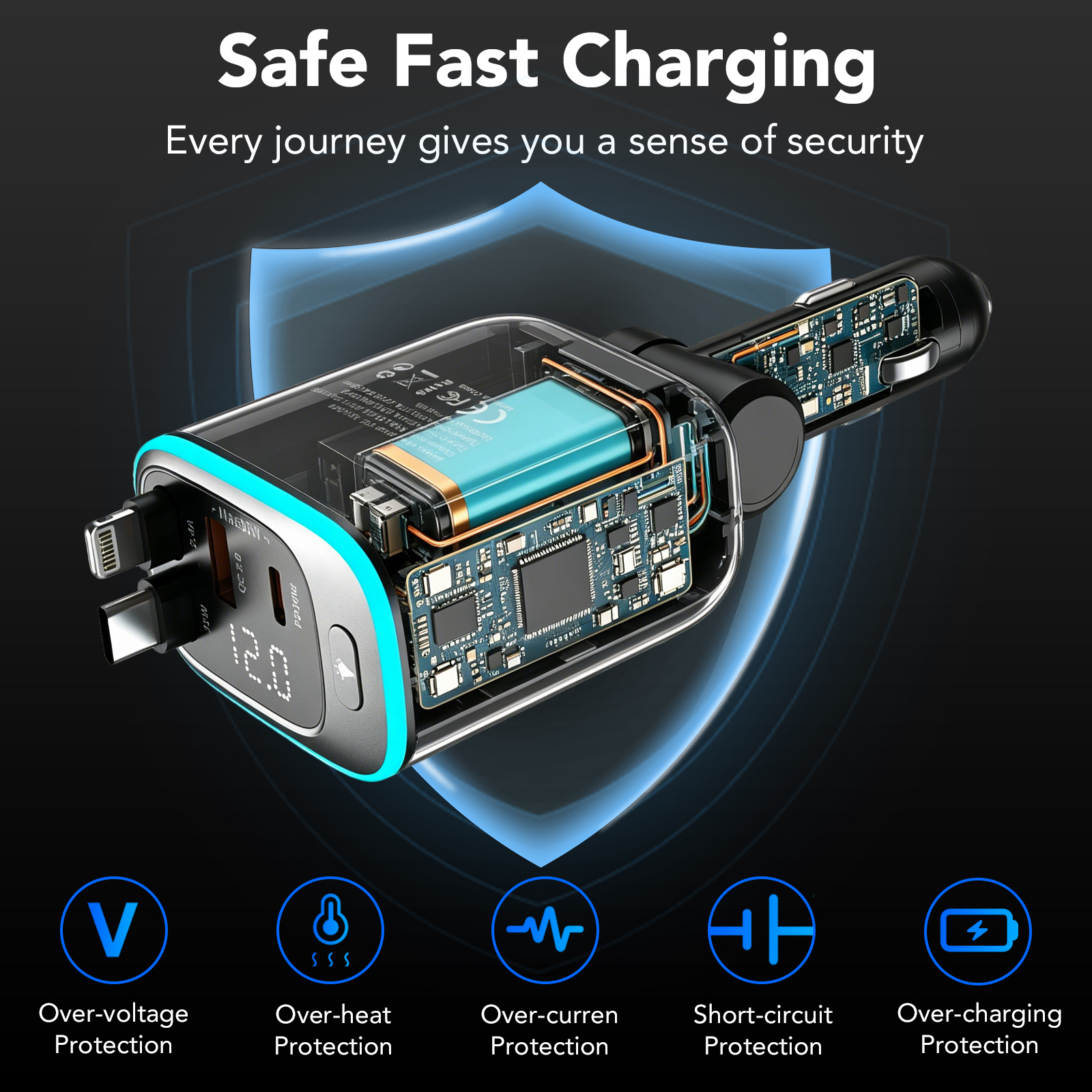 KT1 85W Retractable Car Charger with USB-C and Lightning Cables photo 5